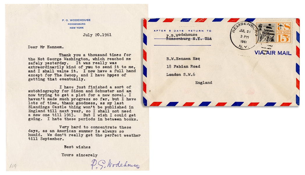  WODEHOUSE, Pelham Grenville (1881–1975). Typed letter signed...