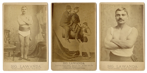  [STRONGMAN]. SIGNOR LAWANDA. Three cabinet card photographs...