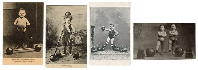  Four postcards of Lilliput and child weightlifters. Includi...