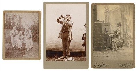  [CLOWNS]. Three photographs of musical clowns. Circa 1890s/...