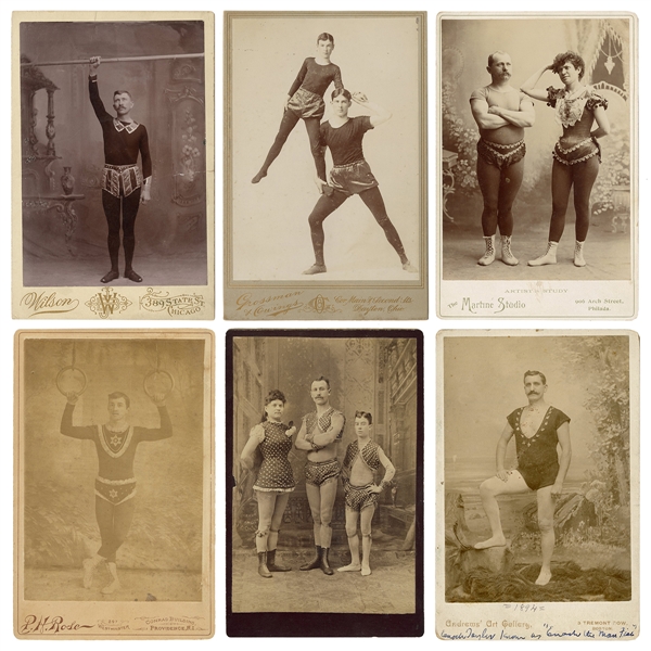  [ACROBATS]. Six American cabinet photos of acrobats and gym...