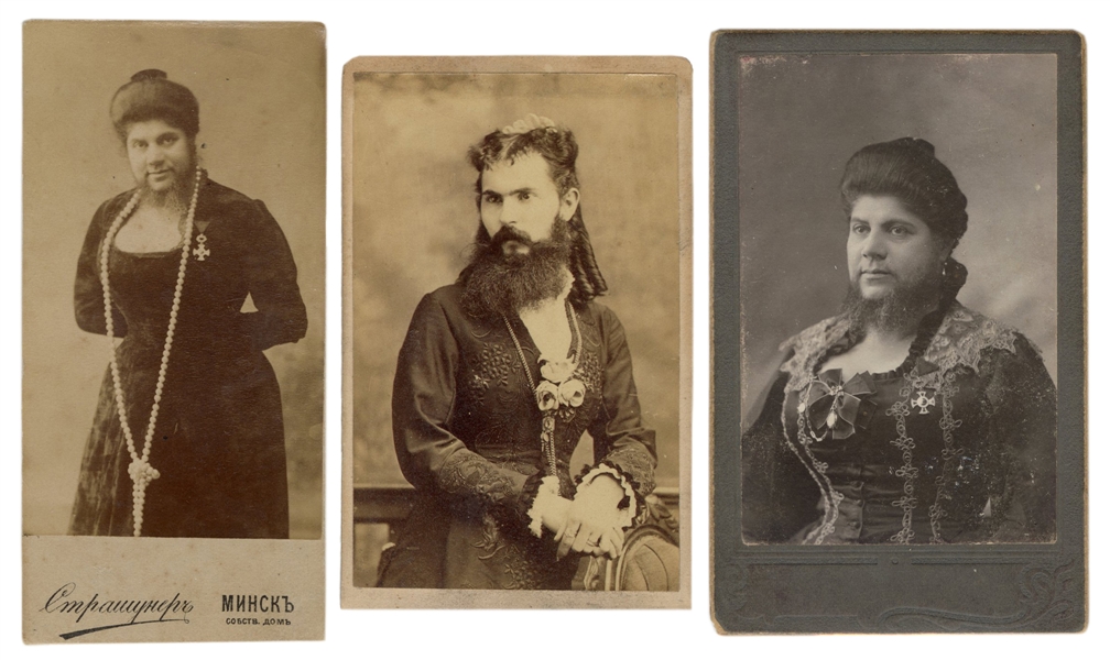  [SIDESHOW]. Three CDVs of “bearded ladies.” 19th century. C...