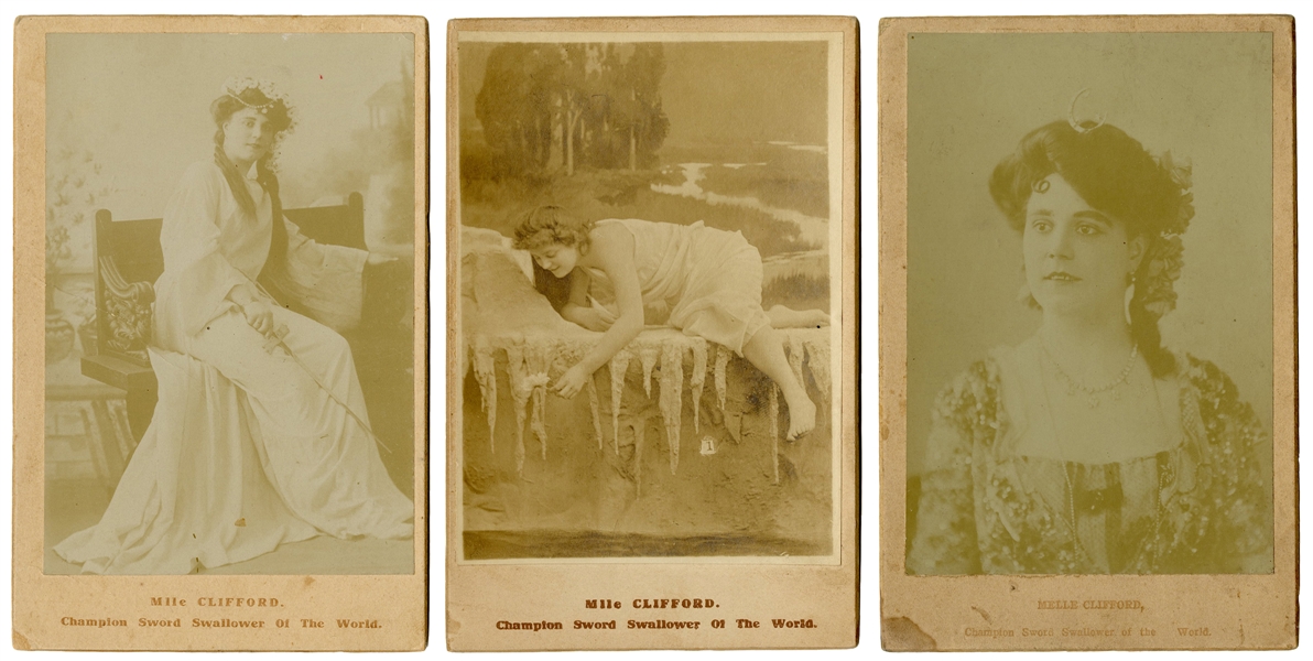  [SWORD SWALLOWER]. CLIFFORD, Edith. Three cabinet card port...