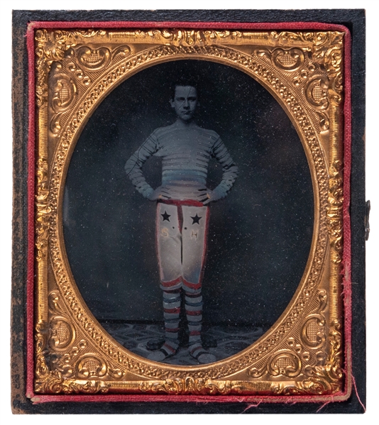  [EARLY PHOTOGRAPHY]. Sixth plate ambrotype of a clown. Circ...