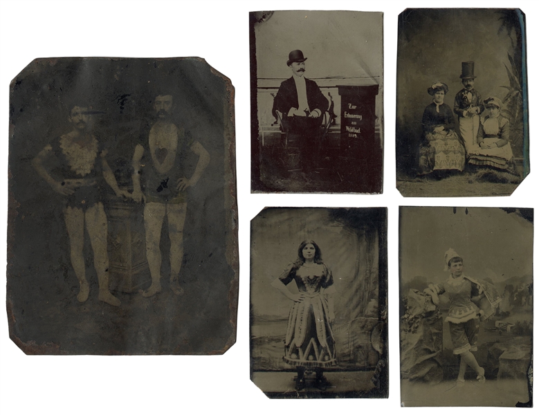  [EARLY PHOTOGRAPHY]. Five tintypes of showmen, women, and c...