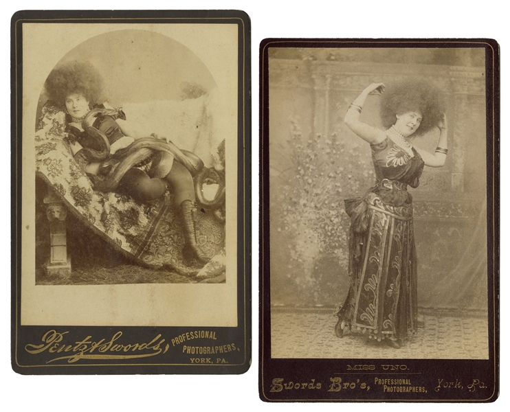  [SNAKE CHARMER]. Two cabinet photos of Miss Uno, Circassian...