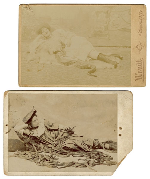  [SNAKE CHARMERS]. Two cabinet photos of snake charmers. Cir...