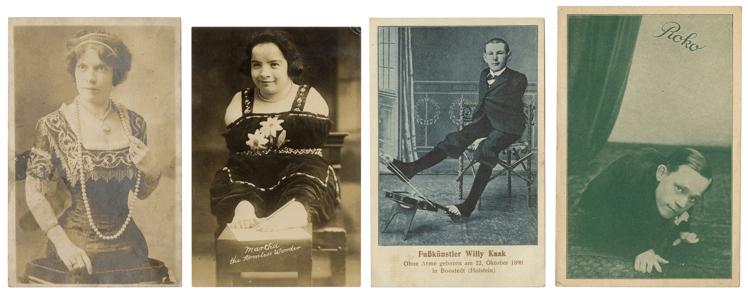  Four postcards of armless and legless sideshow performers. ...