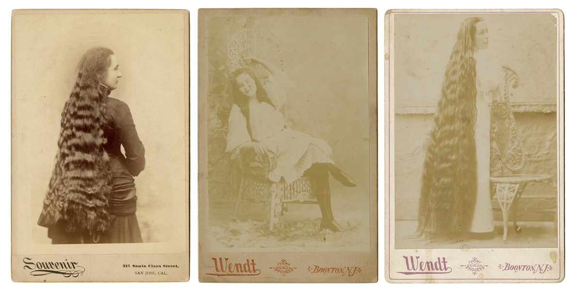  [HAIR]. Three long-haired ladies cabinet photos. Circa 1890...