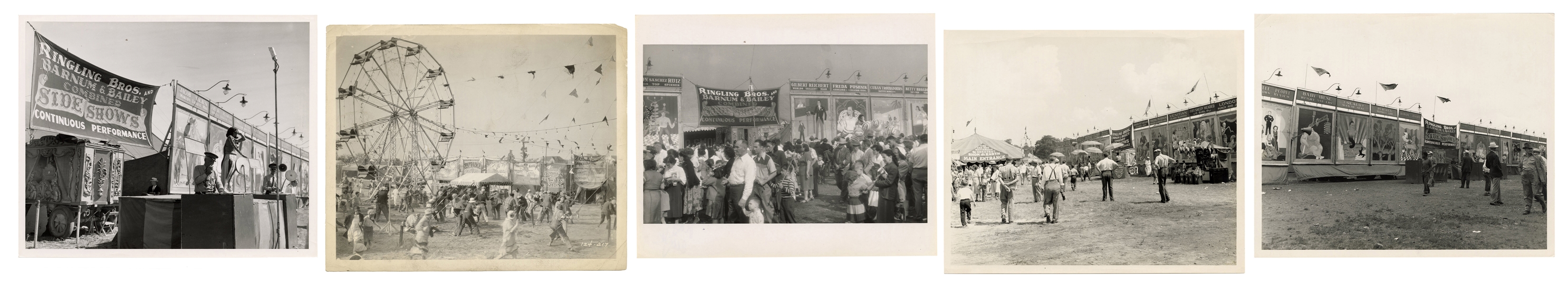  [SIDESHOW]. Five photographs of circus sideshow midways and...