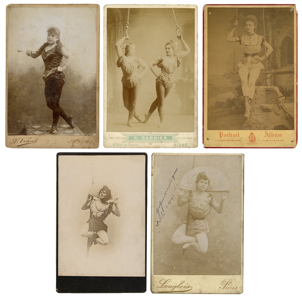  [GYMNASTS & ACROBATS]. Five cabinet photos. V.p., ca. 1890s...