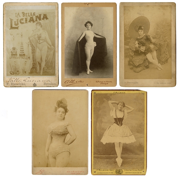  [ACROBATS]. Five cabinet photos of circus acrobats. V.p., c...