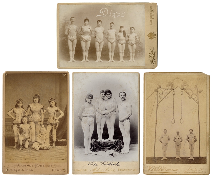  [ACROBATS]. Four cabinet photos of acrobatic troupes. Germa...