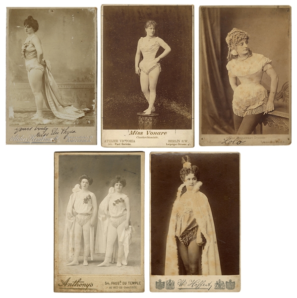  [ACROBATS & GYMNASTS]. Five cabinet photos of circus perfor...