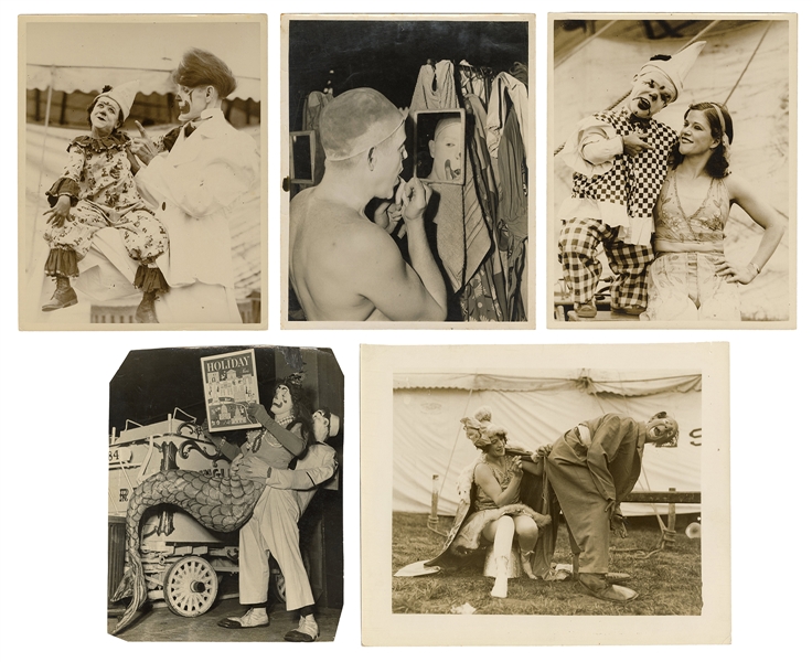  Group of 17 American circus photographs, mainly clowns. Cir...