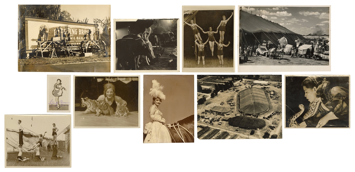  Group of 10 American circus photographs. Circa 1930s/50s. S...