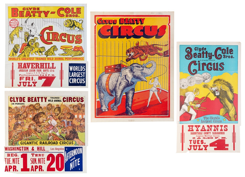  Clyde Beatty. Four lion-taming posters. American, v.d. (ca....