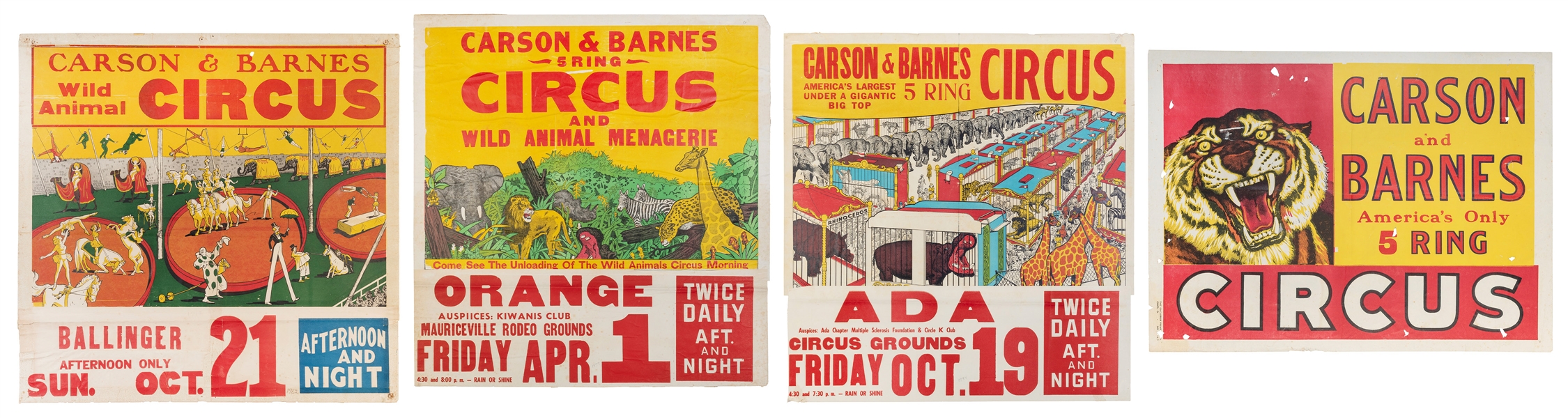  Four Carson & Barnes Circus posters. Circa 1950s/60s. A gro...