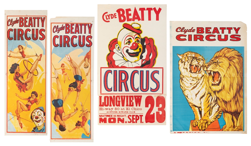  Four Clyde Beatty Circus posters. Circa 1930s. One sheet, h...