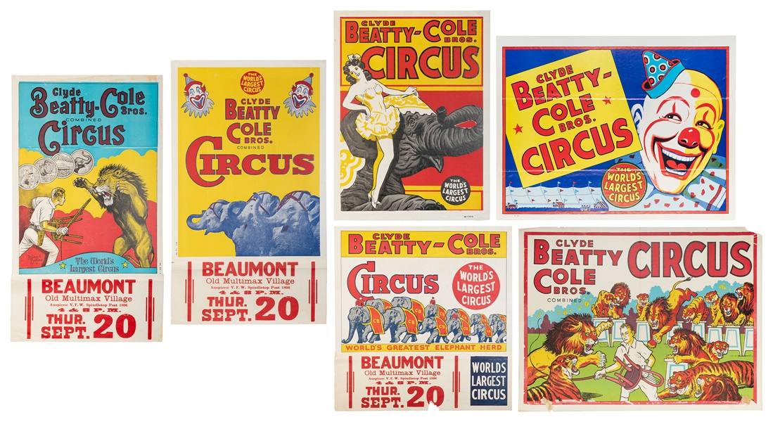  10 Clyde Beatty and Cole Bros. Circus posters. Lot of one s...