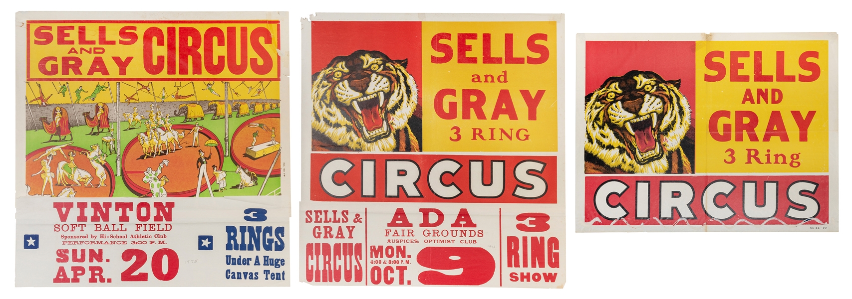  Three Sells & Gray Circus posters. A group of half sheet po...