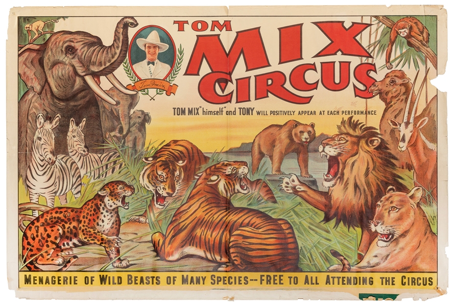  Tom Mix Circus. Circa 1930s. A colorful half sheet poster a...