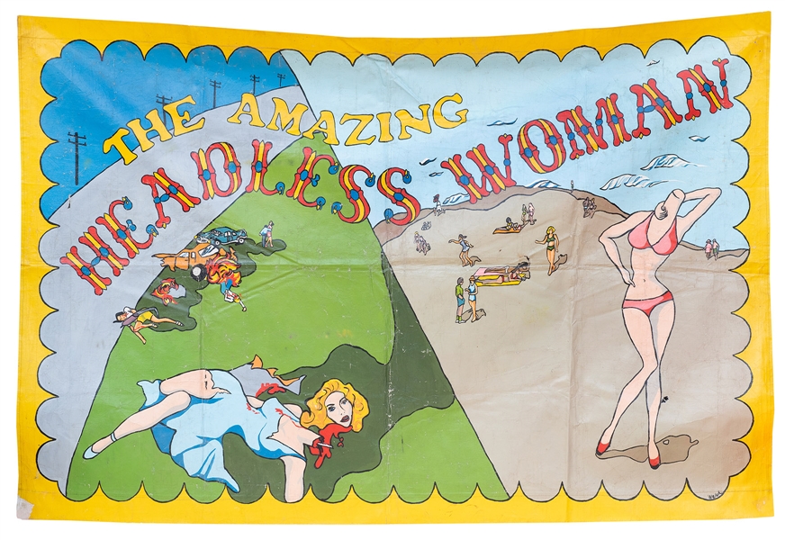  The Amazing Headless Woman Sideshow Banner. 20th century. P...