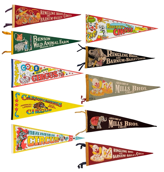  A large group of circus pennants. 20th century. Approximate...