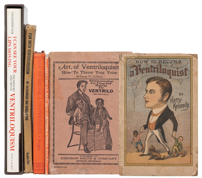  [VENTRILOQUISM]. Group of 7 books and photographs. Six anti...