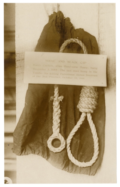 [CRIME]. Photograph of the noose and cap used to hang “Handsome Harry,” last legal execution by hanging in New York City. 