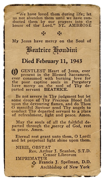  HOUDINI, Beatrice. Prayer Card from the Funeral of Houdini’...