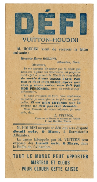  HOUDINI, Harry (Ehrich Weisz). Houdini French Letterpress P...