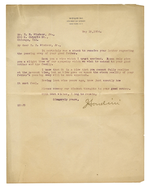  HOUDINI, Harry (Ehrich Weisz). Houdini Typed Letter, Signed...