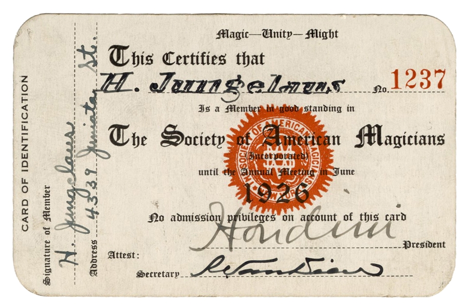  HOUDINI, Harry (Ehrich Weisz). Houdini-Signed S.A.M. Member...