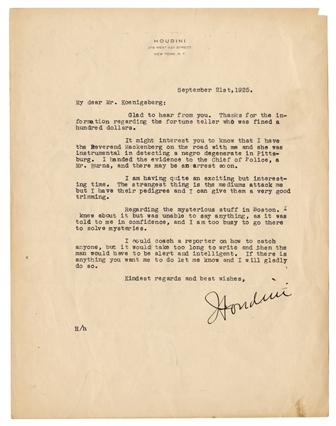  HOUDINI, Harry (Ehrich Weisz). Typed Letter Signed (“Houdin...