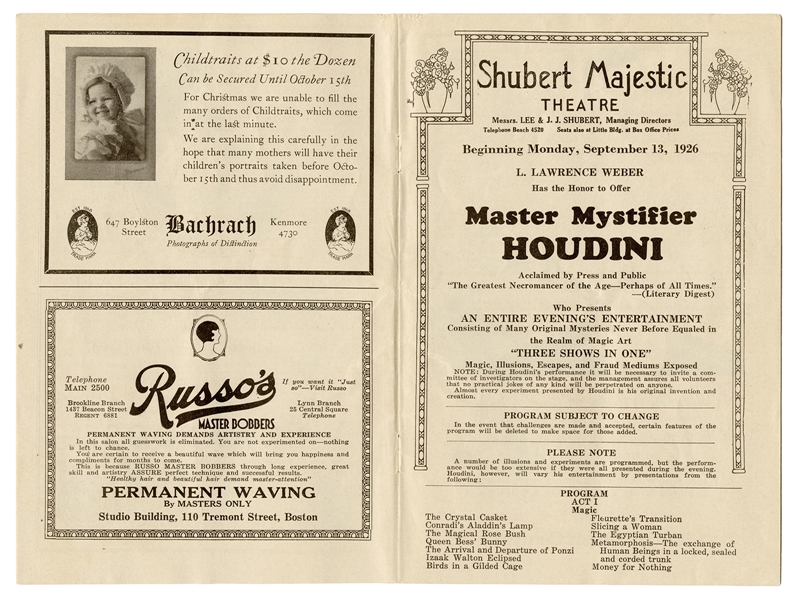  HOUDINI, Harry (Ehrich Weisz). Majestic Theatre Boston Prog...