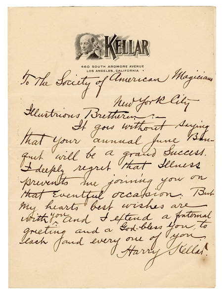  KELLAR, Harry (Heinrich Keller). Kellar ALS to the Society ...