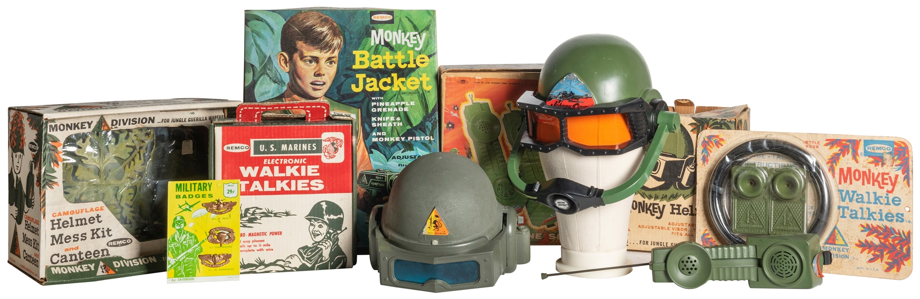  Group of Vintage “Guerilla Warfare” Toy Helmets and Accesso...