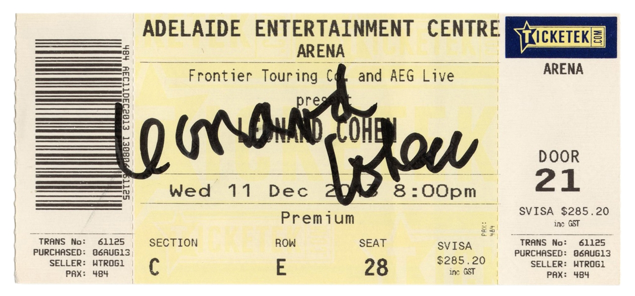 [COHEN, Leonard (1934-2016)]. Concert Ticket Signed by Leon...