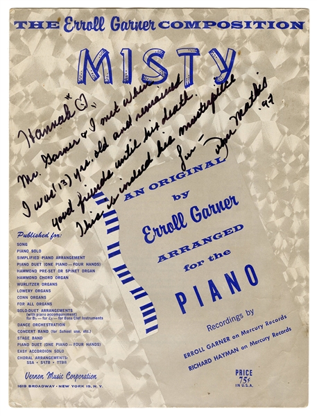  [MATHIS, Johnny (b. 1935)]. Misty Sheet Music Inscribed by ...