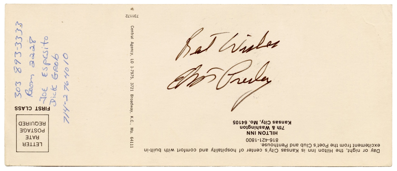  [PRESLEY, Elvis (1935-1977)]. Postcard Signed by Elvis Pres...