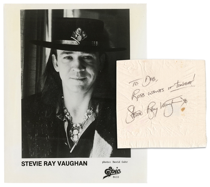  [VAUGHAN, Stevie Ray (1954-1990)]. Napkin Inscribed by Stev...