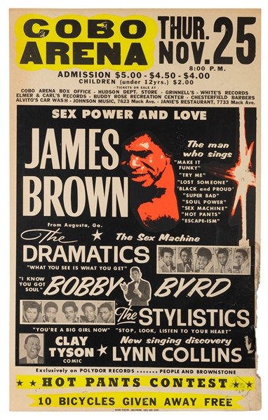  James Brown “Sex Power and Love” Concert Poster. Cobo Arena...