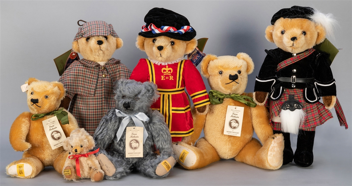  Group of 7 Merrythought Teddy Bears. England, 1990s. Includ...