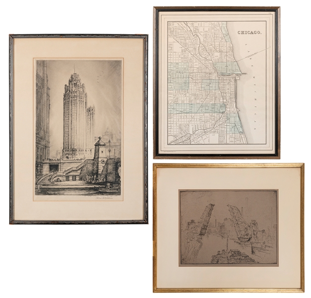  [CHICAGO]. A group of 3 etchings and maps, including: Chica...