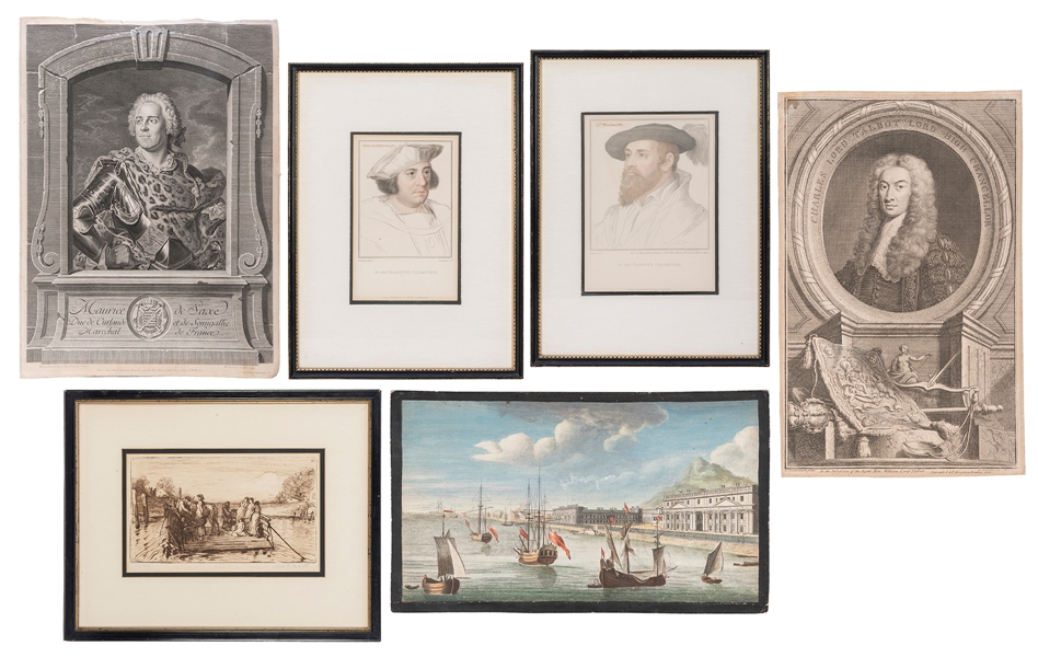  [ENGRAVINGS]. A group of 12 views, portraits and armorials,...