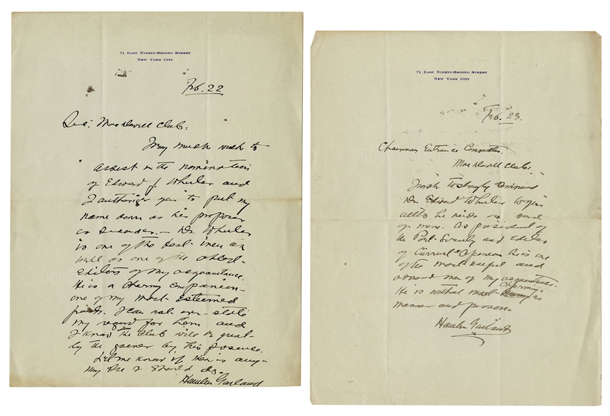  GARLAND, Hamlin (1860–1940). A pair of autograph letters si...