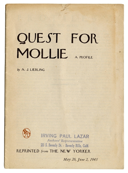  LIEBLING, A.J. (1904–1963). Quest for Mollie: A Profile. Ne...