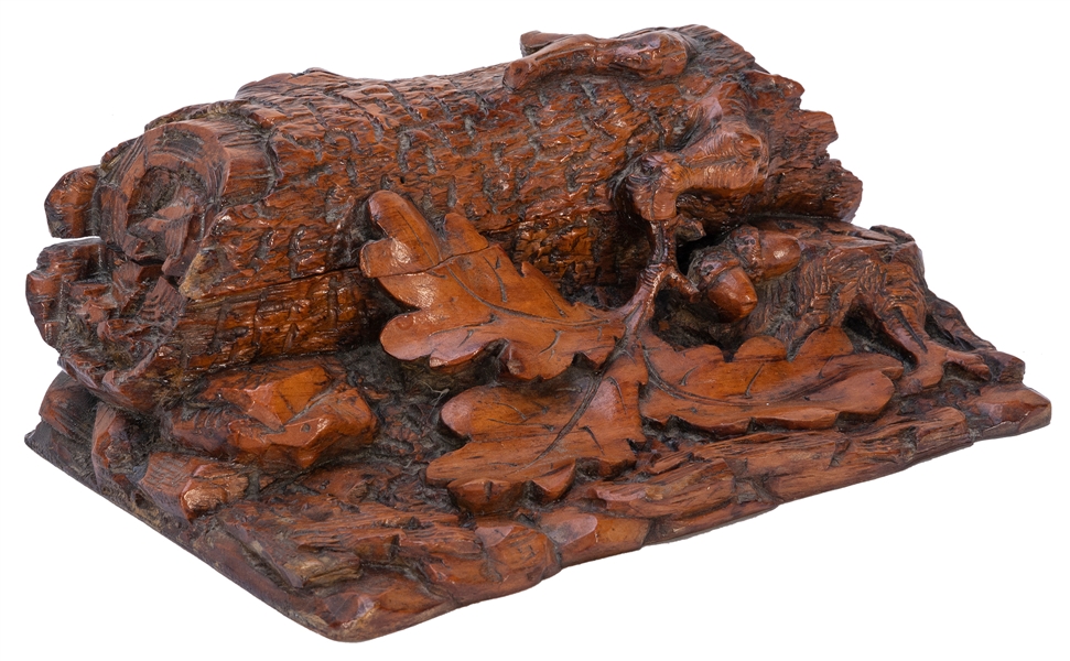  Black Forest carved double inkwell. A fallen log opens to r...