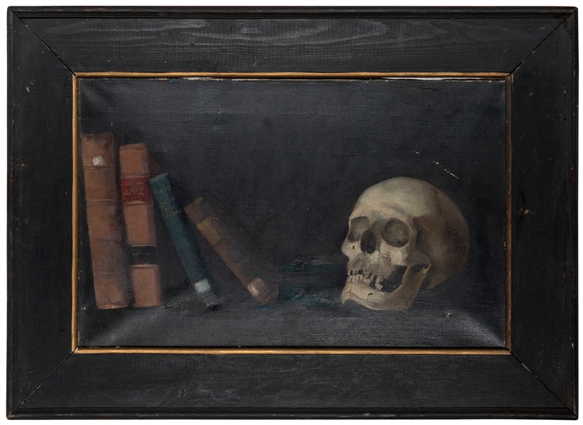  KORZENIEWSKI, Harriet. Untitled [skull and books]. Oil on c...